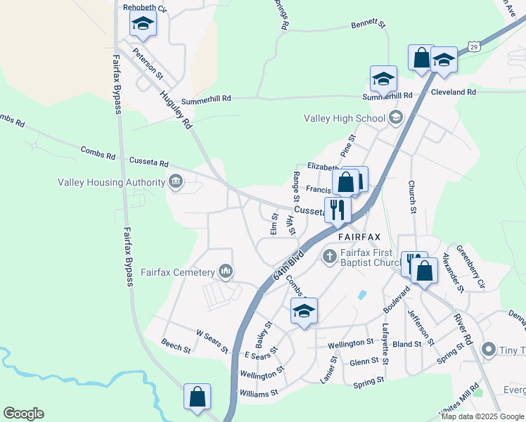 map of restaurants, bars, coffee shops, grocery stores, and more near 105 Maple Street in Valley