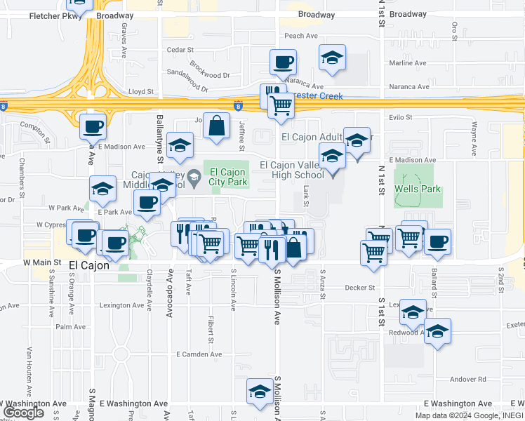 map of restaurants, bars, coffee shops, grocery stores, and more near 254 North Mollison Avenue in El Cajon