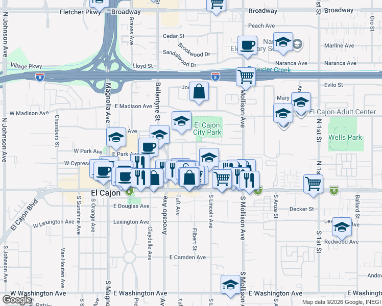 map of restaurants, bars, coffee shops, grocery stores, and more near 296 Roanoke Road in El Cajon