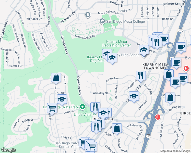 map of restaurants, bars, coffee shops, grocery stores, and more near 7059 Park Mesa Way in San Diego