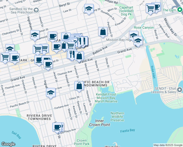 map of restaurants, bars, coffee shops, grocery stores, and more near 2057 Reed Avenue in San Diego