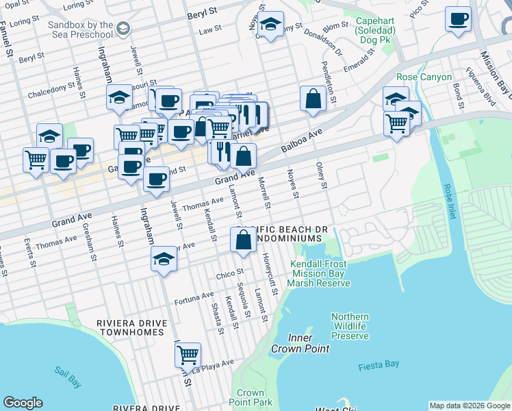 map of restaurants, bars, coffee shops, grocery stores, and more near 1972 Reed Avenue in San Diego