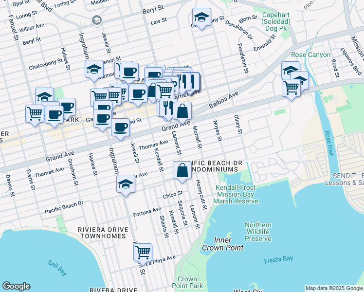 map of restaurants, bars, coffee shops, grocery stores, and more near 4257 Lamont Street in San Diego