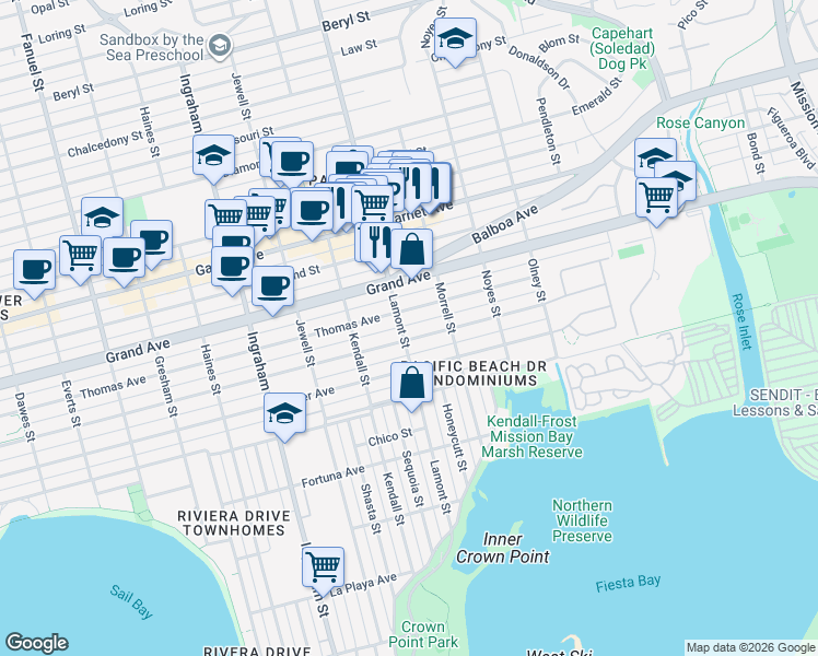 map of restaurants, bars, coffee shops, grocery stores, and more near 4257 Lamont Street in San Diego