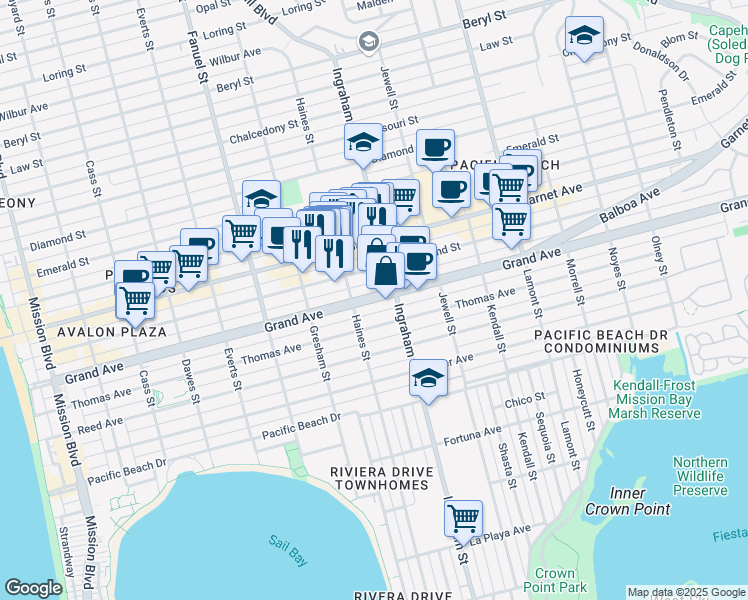 map of restaurants, bars, coffee shops, grocery stores, and more near 1527 Grand Avenue in San Diego