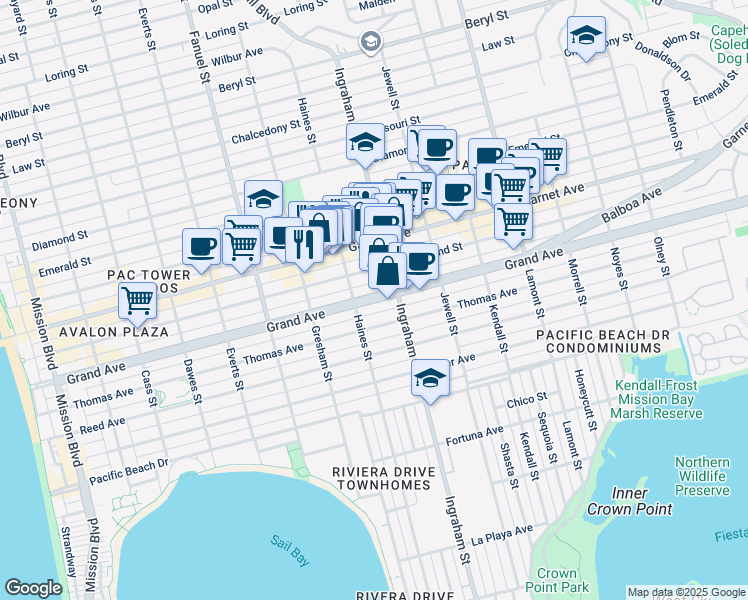 map of restaurants, bars, coffee shops, grocery stores, and more near 1527 Grand Avenue in San Diego