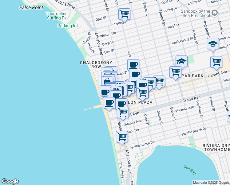 map of restaurants, bars, coffee shops, grocery stores, and more near 4535 Mission Boulevard in San Diego