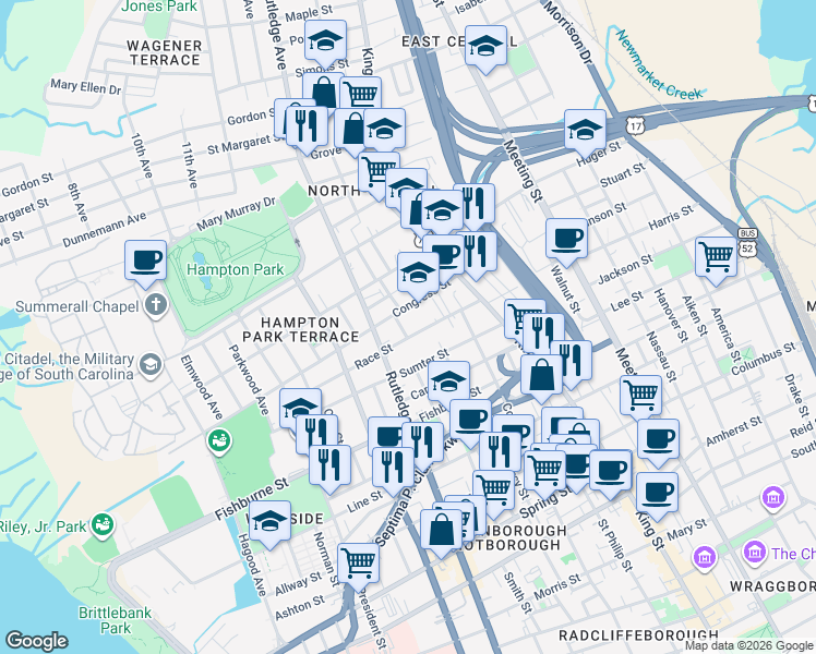 map of restaurants, bars, coffee shops, grocery stores, and more near in Charleston