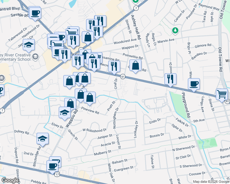 map of restaurants, bars, coffee shops, grocery stores, and more near 4 Palmetto Park Road in Charleston
