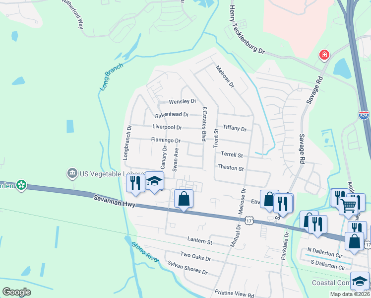 map of restaurants, bars, coffee shops, grocery stores, and more near 2464 Darter Road in Charleston