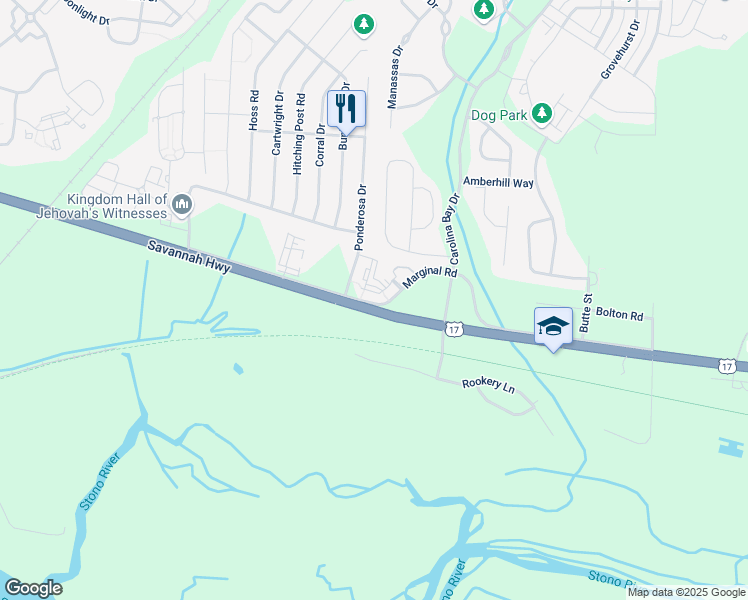 map of restaurants, bars, coffee shops, grocery stores, and more near Marginal Road in Charleston