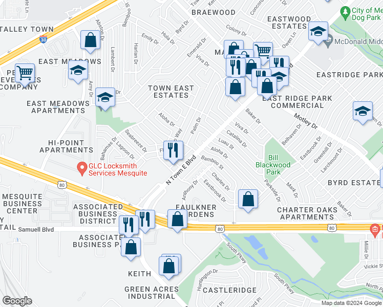 map of restaurants, bars, coffee shops, grocery stores, and more near 2226 Bamboo Street in Mesquite