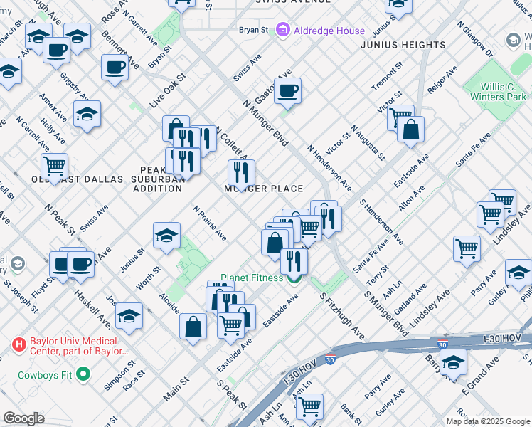 map of restaurants, bars, coffee shops, grocery stores, and more near 4920 Victor Street in Dallas