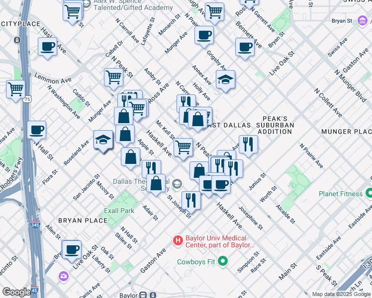 map of restaurants, bars, coffee shops, grocery stores, and more near 4100 Bryan Street in Dallas