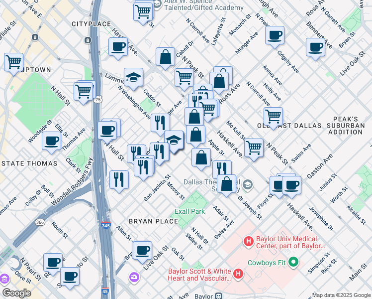 map of restaurants, bars, coffee shops, grocery stores, and more near in Dallas