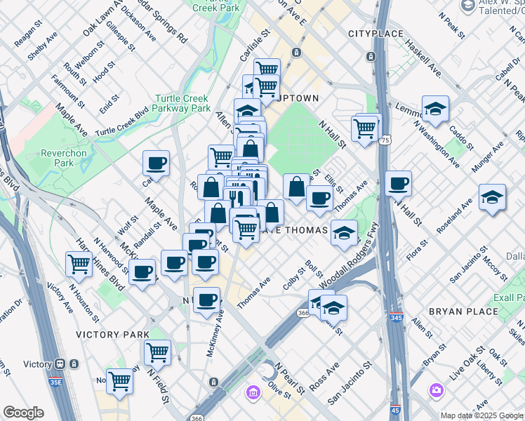 map of restaurants, bars, coffee shops, grocery stores, and more near 2702 McKinney Avenue in Dallas