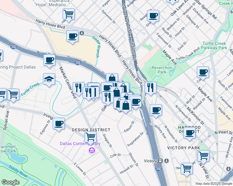 map of restaurants, bars, coffee shops, grocery stores, and more near 1700 Oak Lawn Avenue in Dallas