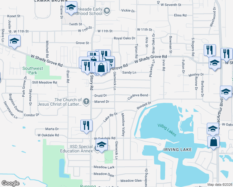 map of restaurants, bars, coffee shops, grocery stores, and more near 1422 Glenwick Lane in Irving