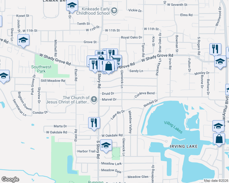 map of restaurants, bars, coffee shops, grocery stores, and more near 2221 Druid Drive in Irving