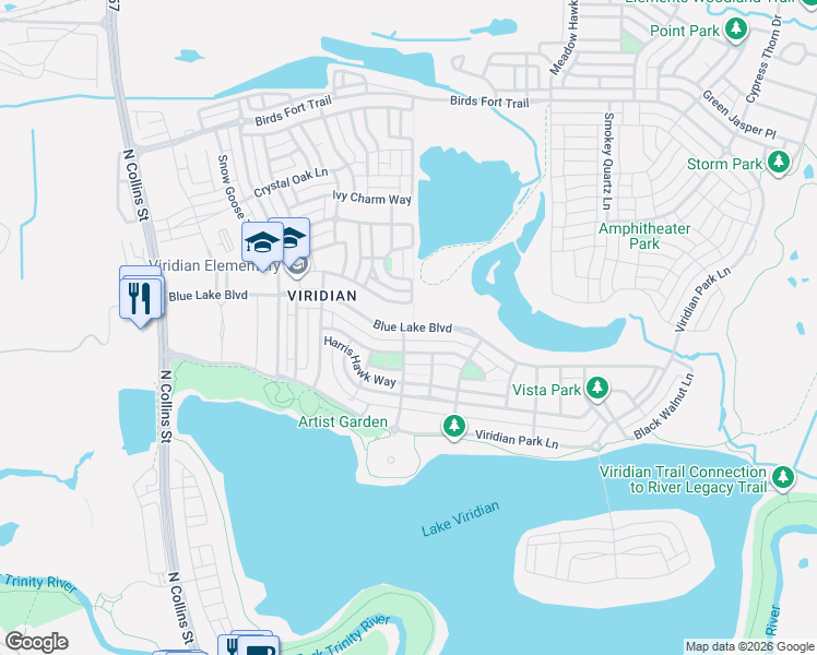 map of restaurants, bars, coffee shops, grocery stores, and more near Blue Lake Boulevard in Arlington