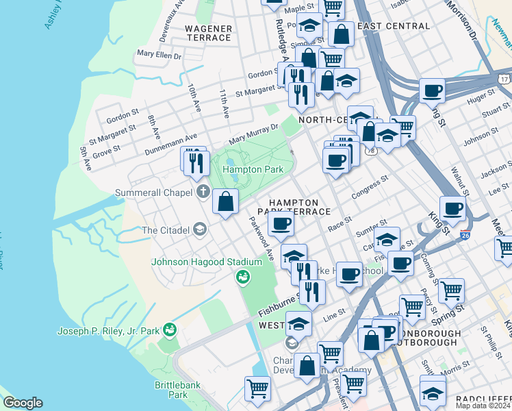 map of restaurants, bars, coffee shops, grocery stores, and more near 145 Moultrie Street in Charleston