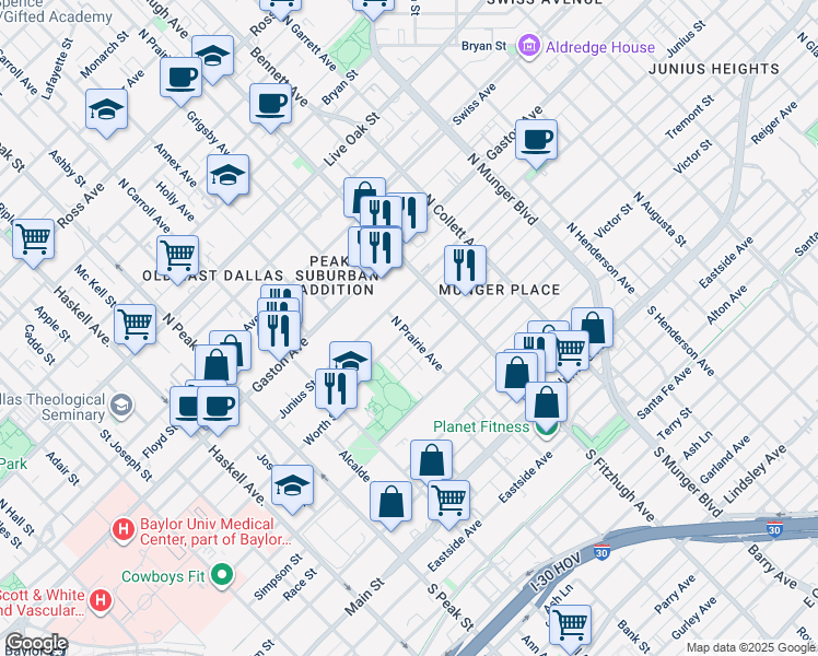 map of restaurants, bars, coffee shops, grocery stores, and more near 4803 Worth Street in Dallas