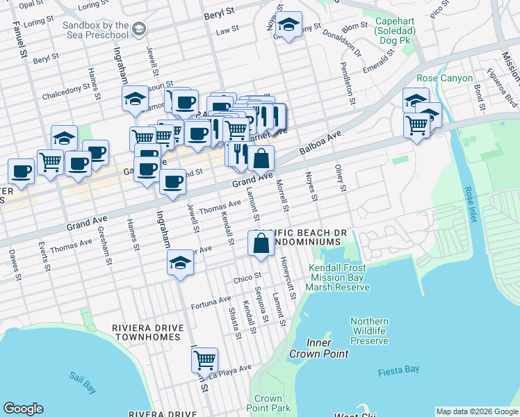 map of restaurants, bars, coffee shops, grocery stores, and more near 4257 Lamont Street in San Diego