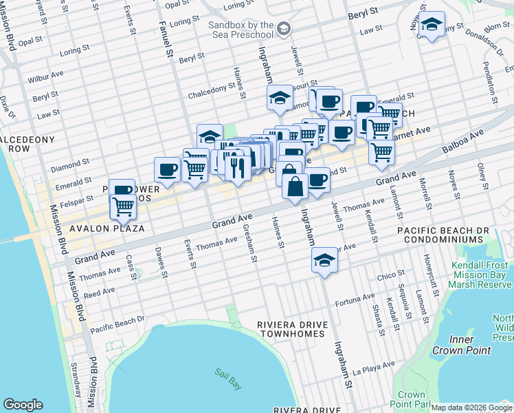 map of restaurants, bars, coffee shops, grocery stores, and more near 1438 Hornblend Street in San Diego