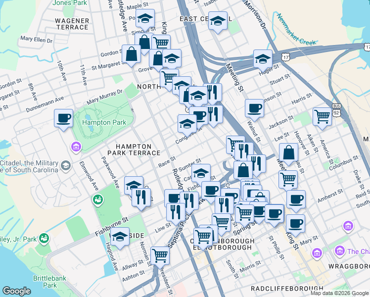 map of restaurants, bars, coffee shops, grocery stores, and more near 29 Race Street in Charleston