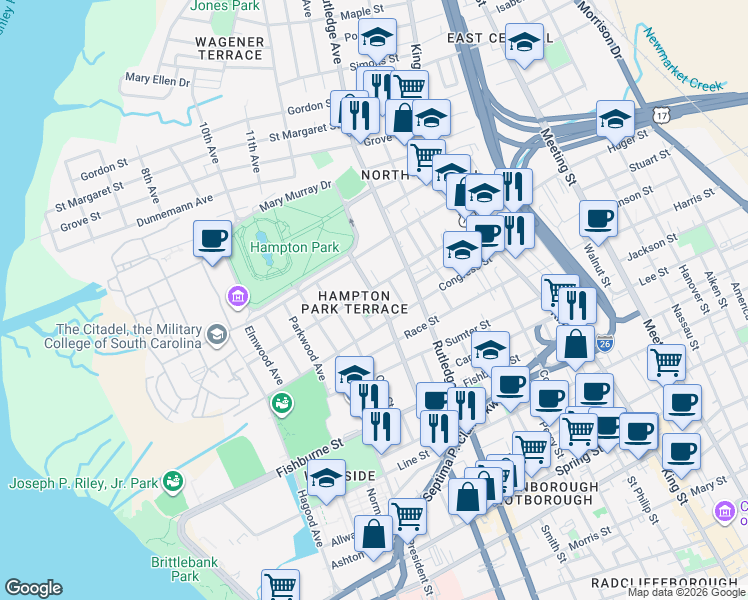 map of restaurants, bars, coffee shops, grocery stores, and more near 6 North Allan Park in Charleston