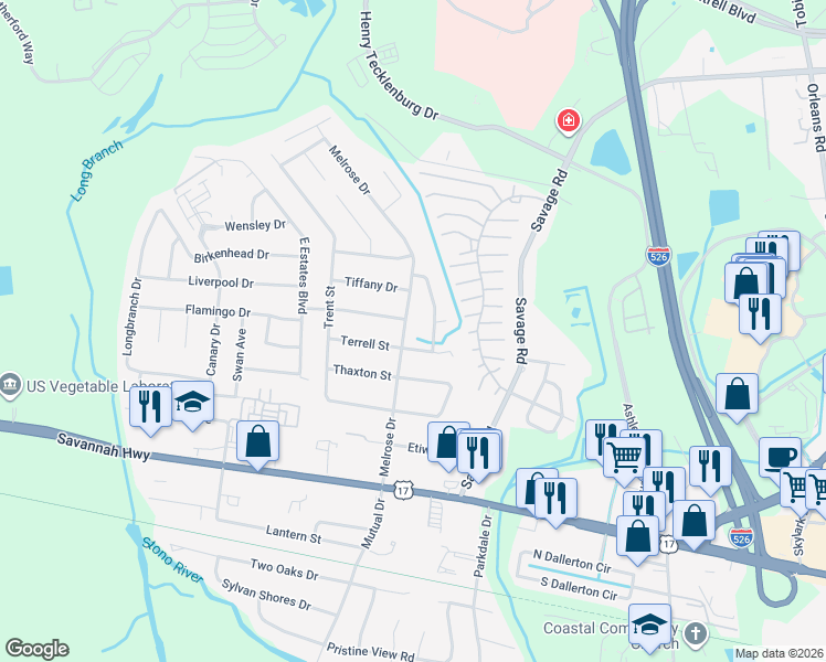 map of restaurants, bars, coffee shops, grocery stores, and more near 827 Melrose Drive in Charleston