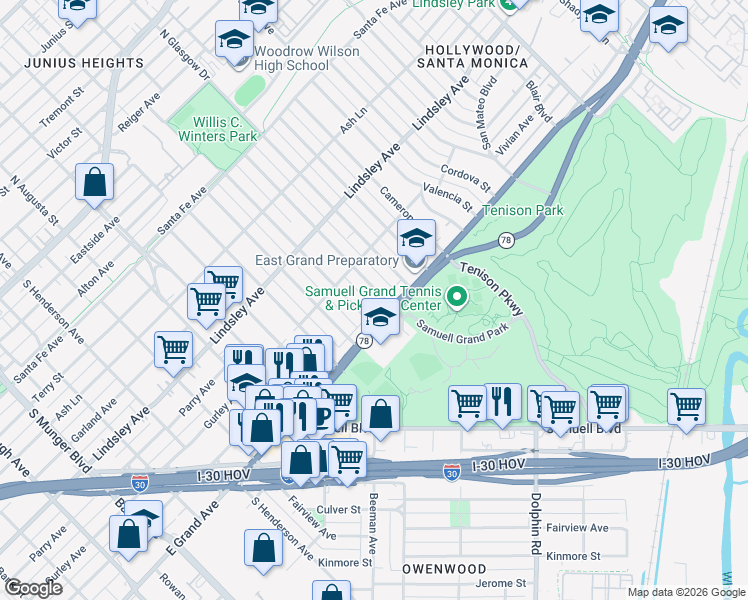 map of restaurants, bars, coffee shops, grocery stores, and more near 6023 East Grand Avenue in Dallas