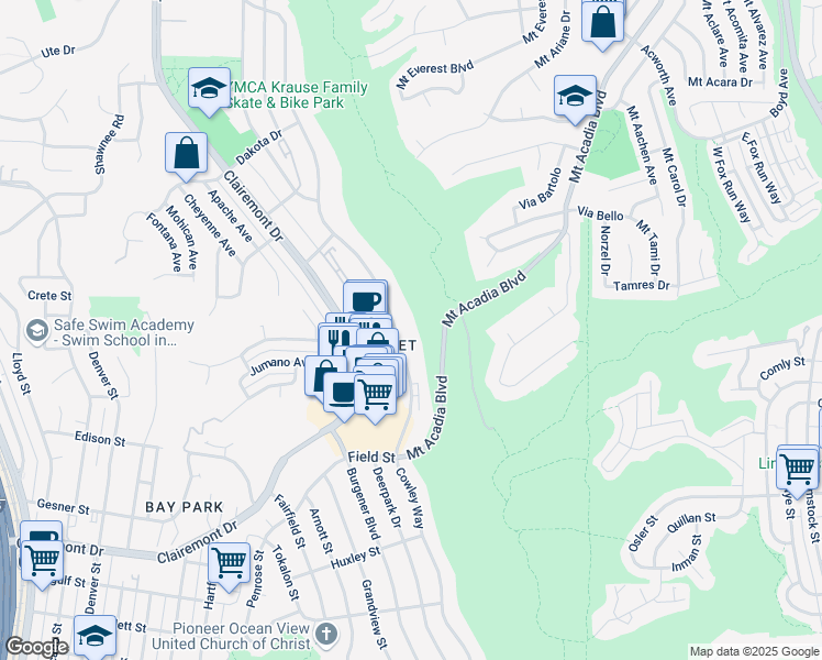 map of restaurants, bars, coffee shops, grocery stores, and more near 3065 Cowley Way in San Diego