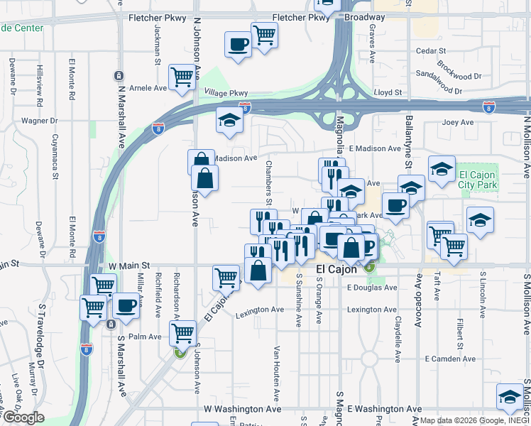 map of restaurants, bars, coffee shops, grocery stores, and more near 294 Chambers Street in El Cajon