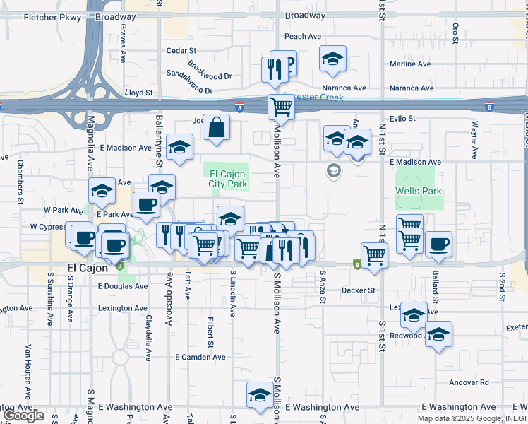 map of restaurants, bars, coffee shops, grocery stores, and more near 254 North Mollison Avenue in El Cajon