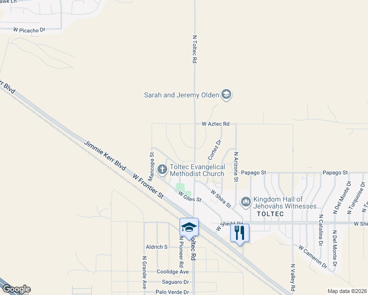 map of restaurants, bars, coffee shops, grocery stores, and more near 4020 North Montgomery Circle in Eloy