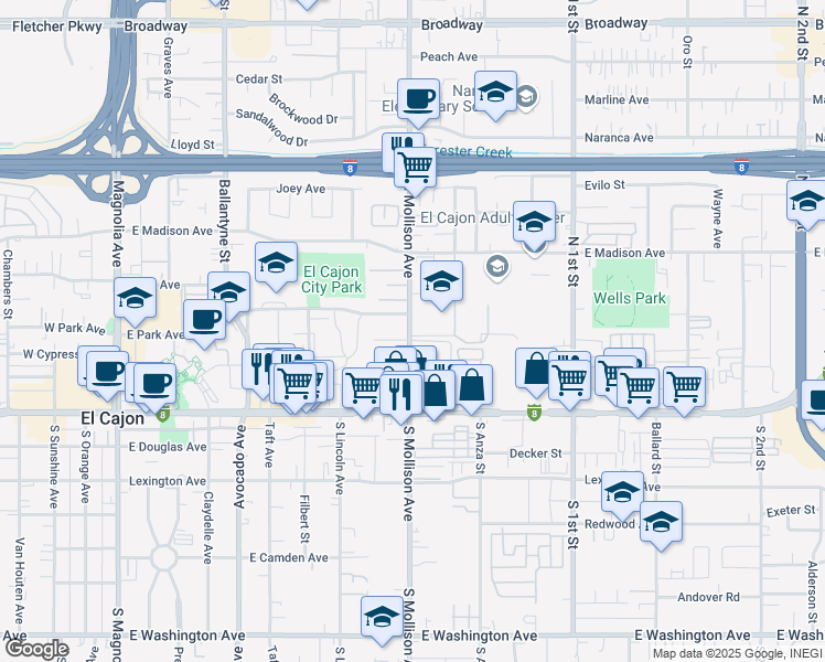 map of restaurants, bars, coffee shops, grocery stores, and more near 287 South Mollison Avenue in El Cajon