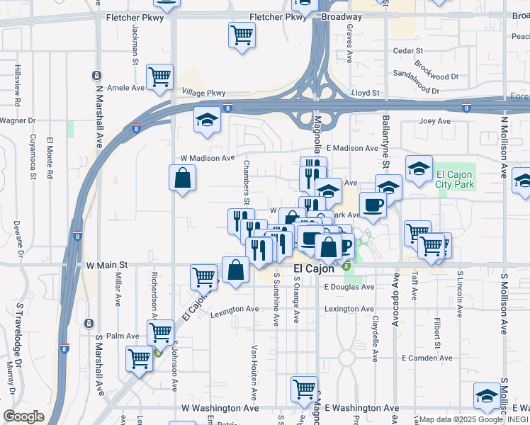 map of restaurants, bars, coffee shops, grocery stores, and more near 337 West Park Avenue in El Cajon