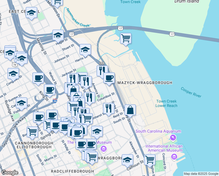map of restaurants, bars, coffee shops, grocery stores, and more near 701 East Bay Street in Charleston