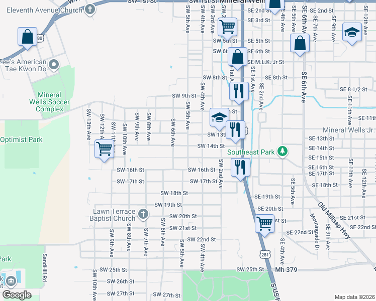 map of restaurants, bars, coffee shops, grocery stores, and more near 1506 Southwest 5th Avenue in Mineral Wells