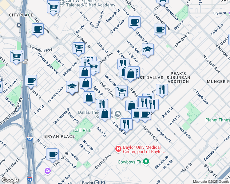 map of restaurants, bars, coffee shops, grocery stores, and more near 4100 Bryan Street in Dallas