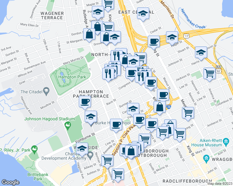 map of restaurants, bars, coffee shops, grocery stores, and more near 147 Congress Street in Charleston
