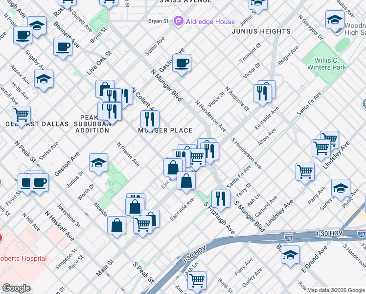 map of restaurants, bars, coffee shops, grocery stores, and more near 4943 Reiger Avenue in Dallas