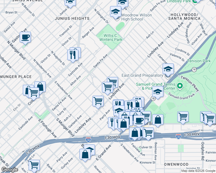 map of restaurants, bars, coffee shops, grocery stores, and more near 620 South Beacon Street in Dallas