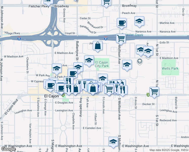 map of restaurants, bars, coffee shops, grocery stores, and more near 300 Roanoke Road in El Cajon
