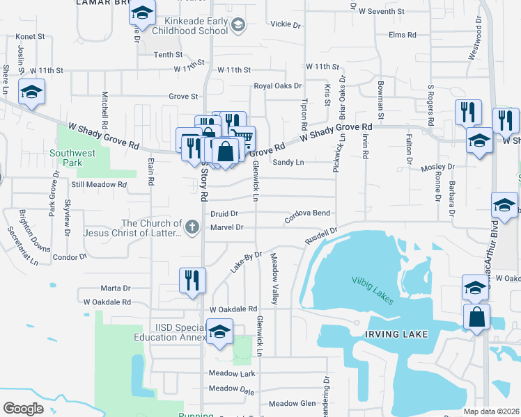 map of restaurants, bars, coffee shops, grocery stores, and more near 1422 Glenwick Lane in Irving