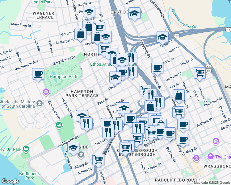 map of restaurants, bars, coffee shops, grocery stores, and more near 376 Race Street in Charleston