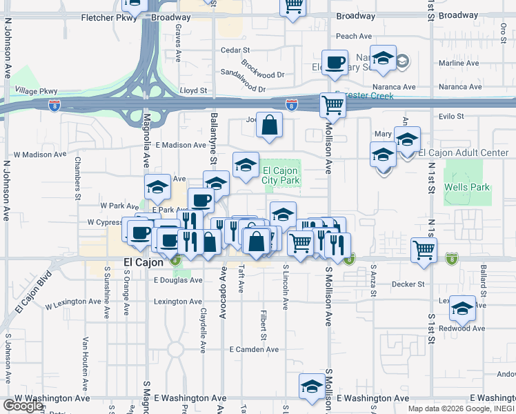 map of restaurants, bars, coffee shops, grocery stores, and more near 296 Roanoke Road in El Cajon