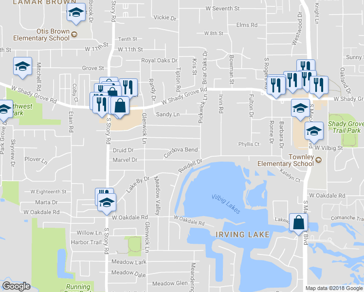 map of restaurants, bars, coffee shops, grocery stores, and more near 1929 Cordova Bend in Irving