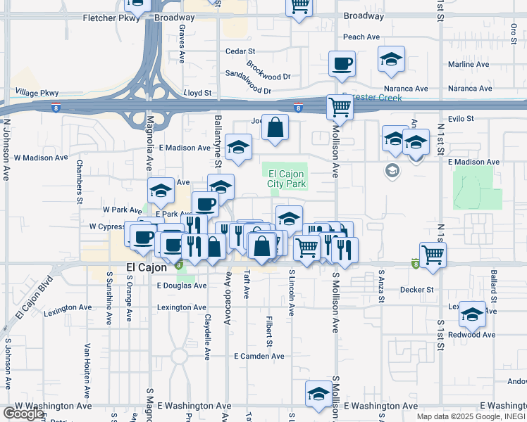map of restaurants, bars, coffee shops, grocery stores, and more near 296 Roanoke Road in El Cajon